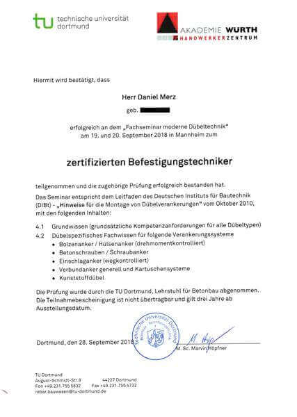 zertifizierter Befestigungstechniker Öffnungsdienst Weinheim