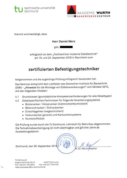 zertifizierter Befestigungstechniker Öffnungsdienst Schriesheim